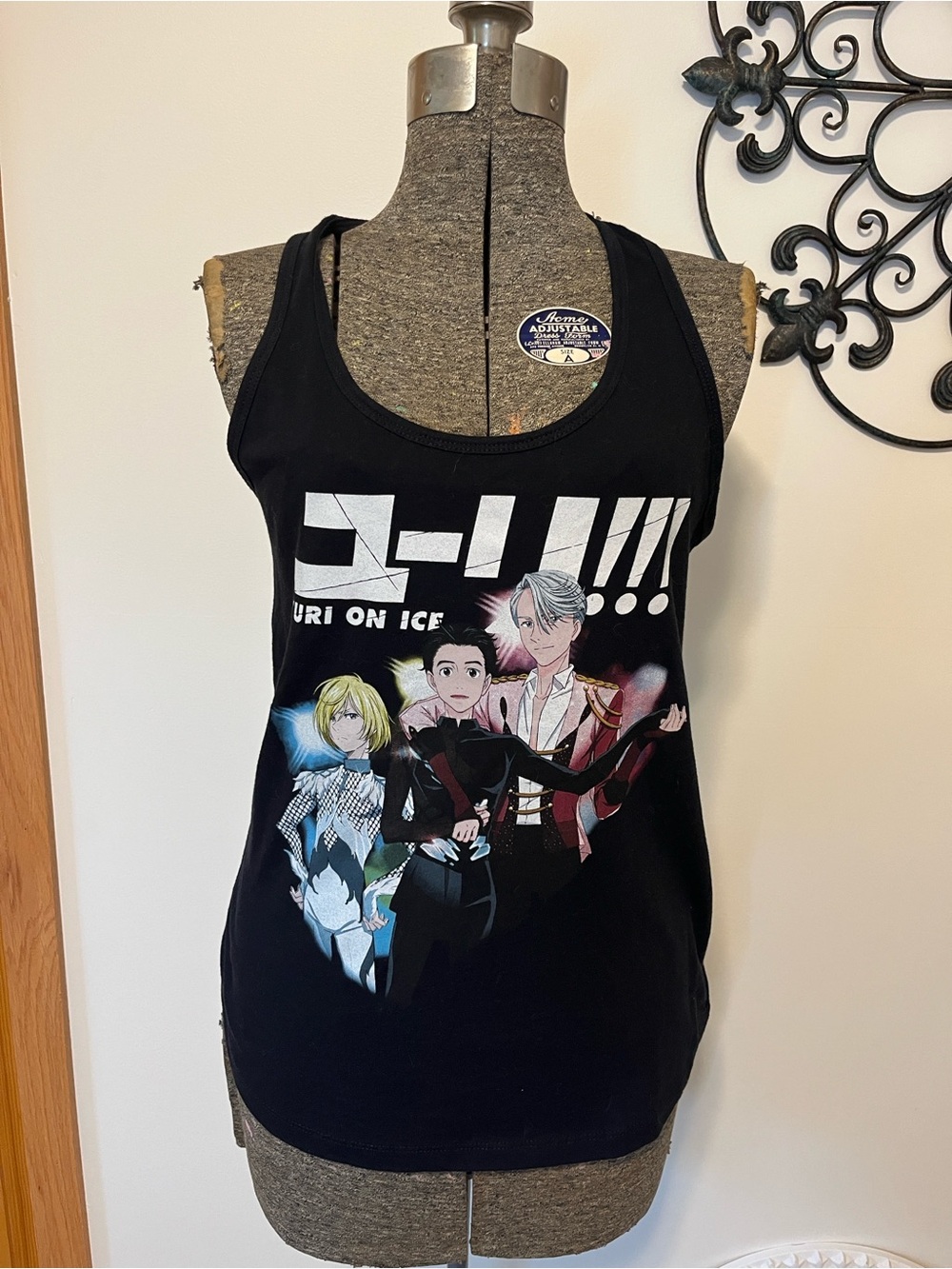 Crunchyroll Yuri on Ice Anime racerback tank top, graphic print on black, M